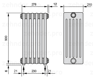 Схема (чертеж) Радиатор Zehnder Charleston 6090/6 №3570 Белый глянцевый RAL 9016